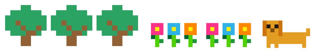 木とお花と、こっちを見ている犬の画像